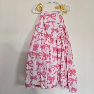 Pink Chicken NY Girls Pink Bow Print Sun Dress Yellow Tie Straps Size 7Y